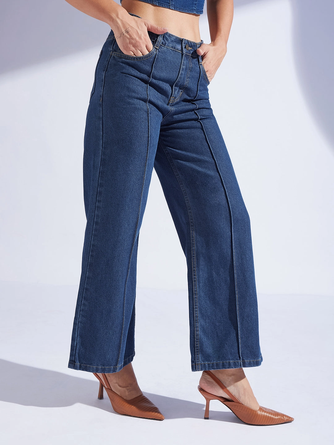 Women's Navy Blue Wide-Leg High-Rise Clean-Look Regular-Length Non-stretchable Denim Jeans Clean Shape