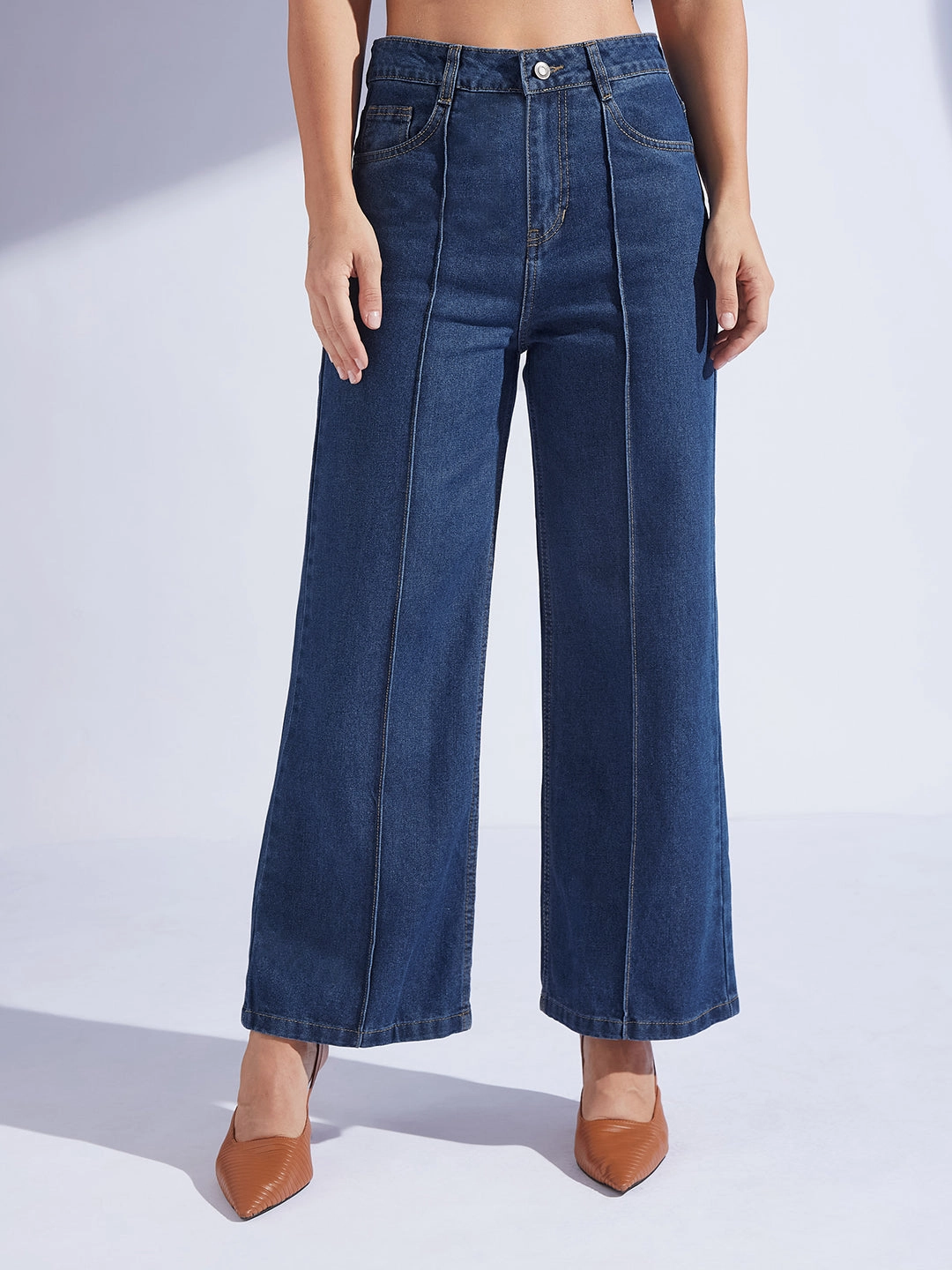 Odor Control Tech Women's Navy Blue Wide-Leg High-Rise Clean-Look Regular-Length Non-stretchable Denim Jeans