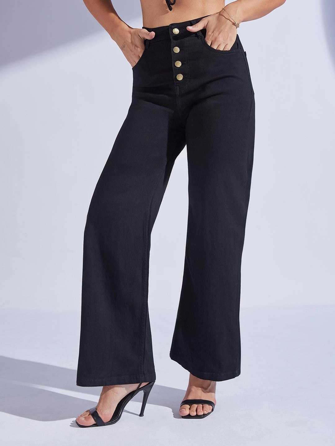 Women's Black Wide Leg High-Rise Stretchable Denim Jeans Youth Style Office Wear Artist Vibe Work Meeting Casual