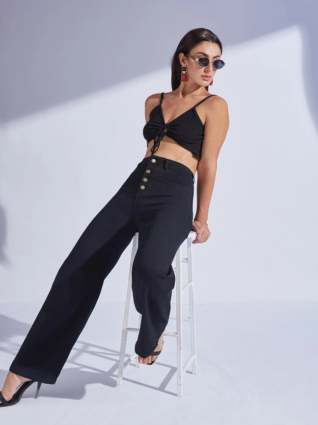 Women's Black Wide Leg High-Rise Stretchable Denim Jeans Natural Fit clean design