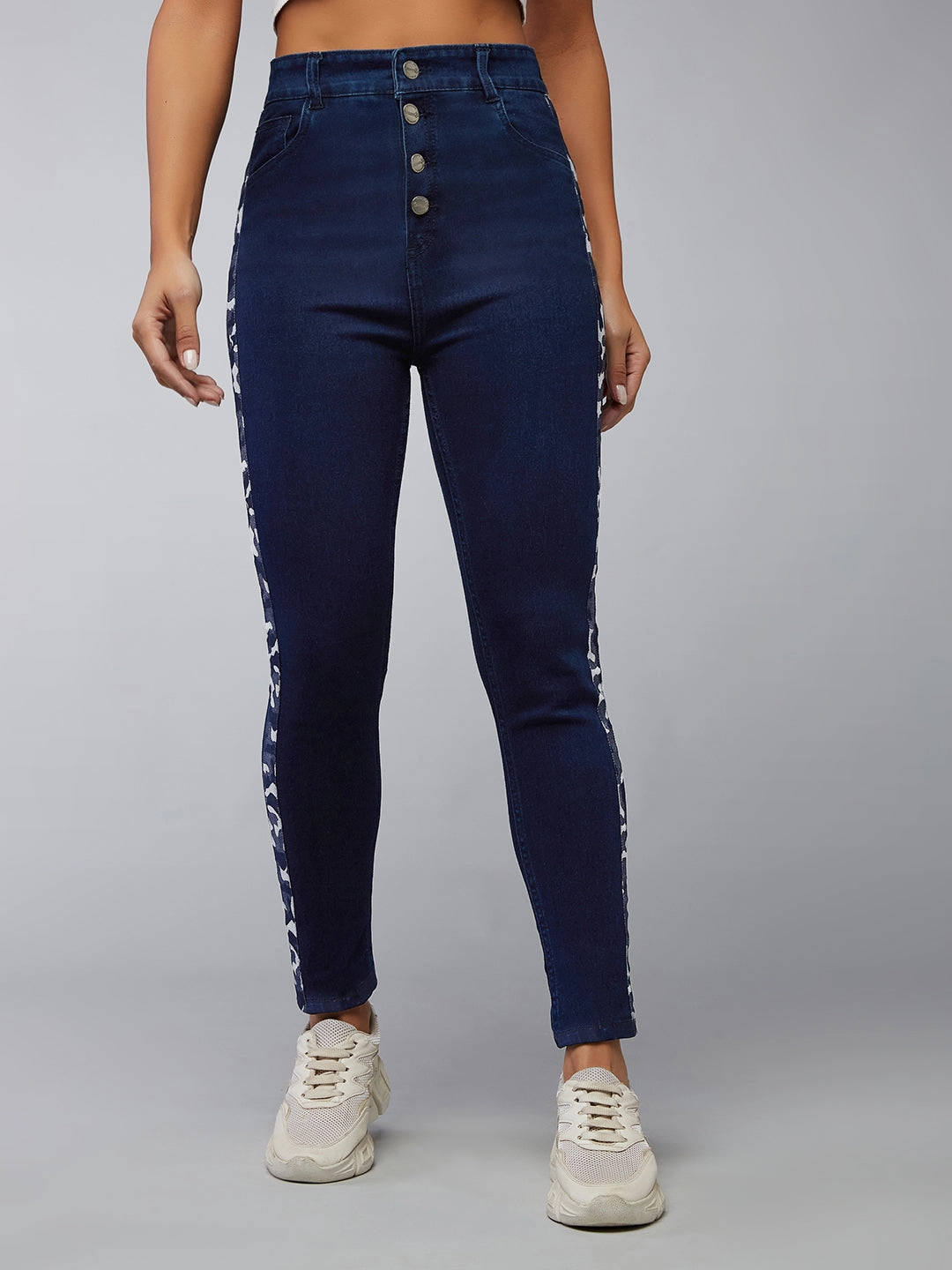 24/7 Comfort Navy-Blue Skinny High-Rise Printed Fabric Tape Detailing Denim Jeans Beach Day Winter Warmth Classic