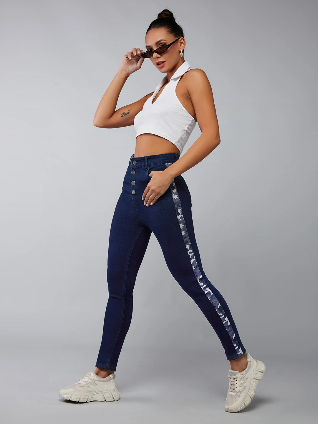 24/7 Comfort Navy-Blue Skinny High-Rise Printed Fabric Tape Detailing Denim Jeans Artist Vibe Travel Outfit