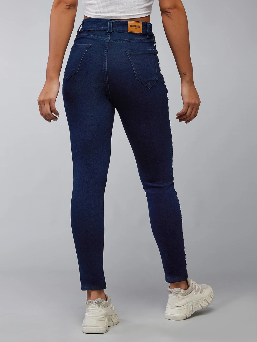 Calm Aesthetic 24/7 Comfort Navy-Blue Skinny High-Rise Printed Fabric Tape Detailing Denim Jeans