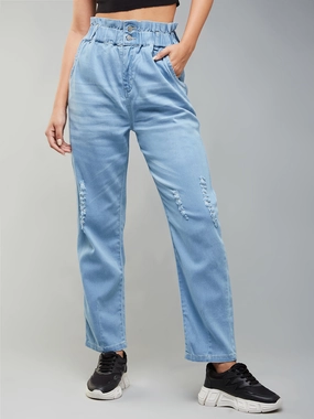 Women's Light Blue Mom's Jean High-Rise Mild Distress Stretchable Denim Jeans Premium Party Look Stretch Soft