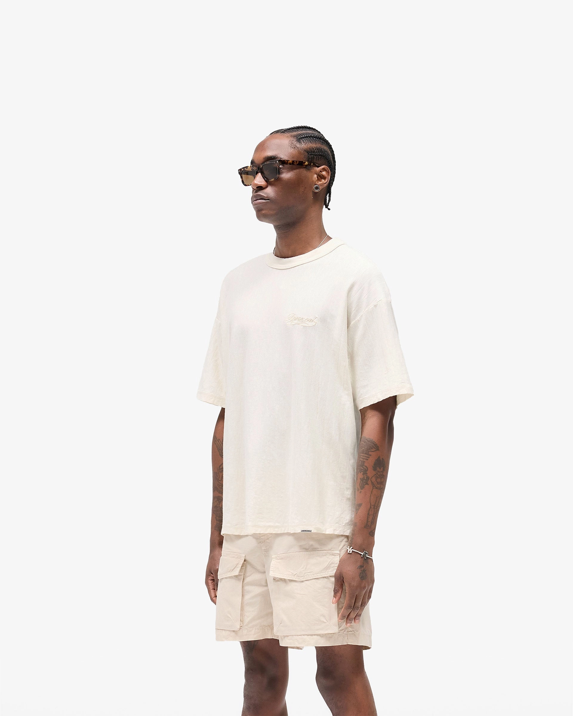 Layered Look Curved Hemline Slub Script T-Shirt - Aged White