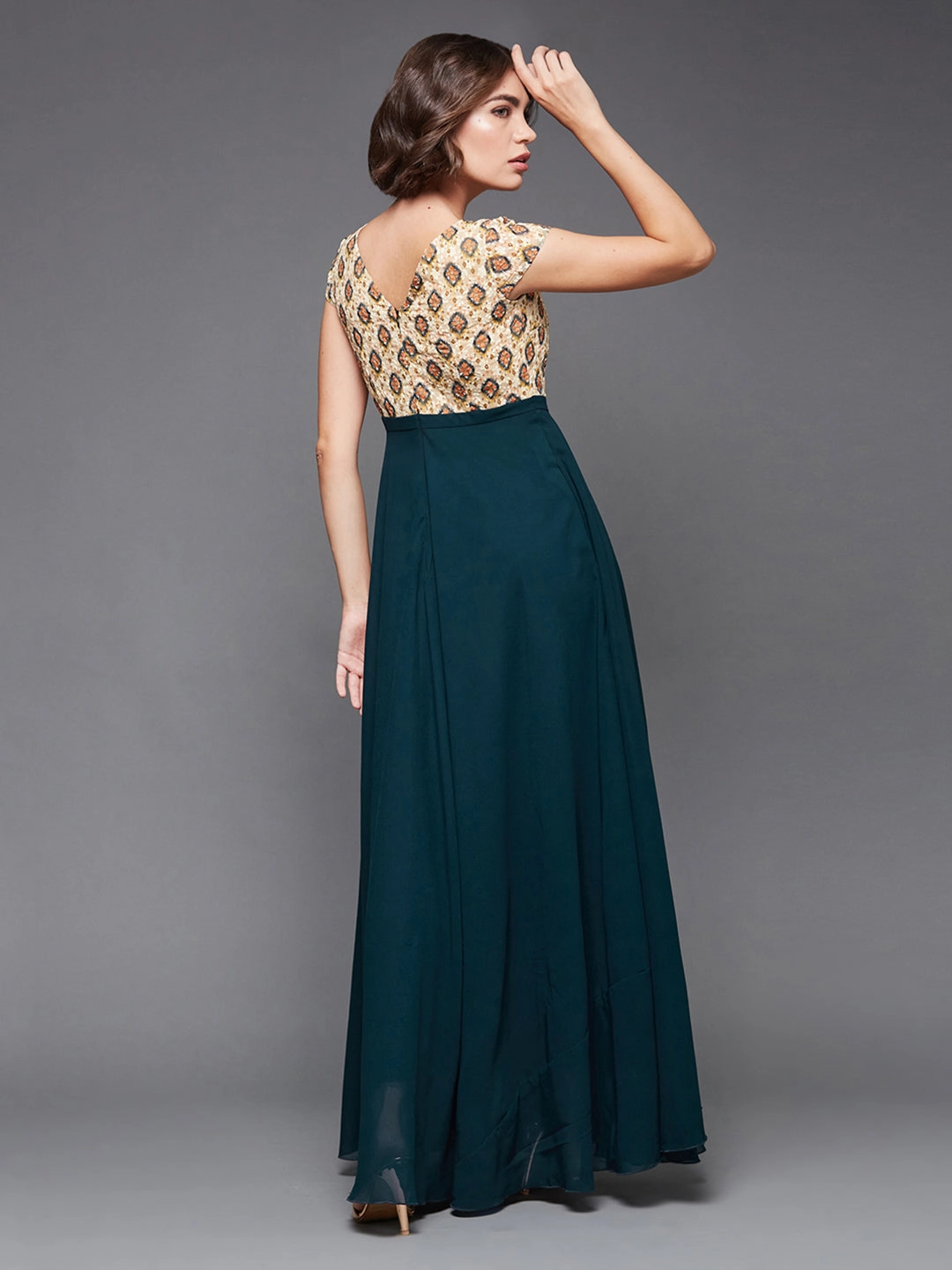 Women's Multicolored-Base-Teal Georgette Round Neck Cap Sleeve Floral Layered Maxi Dress Day Glow Modern Texture