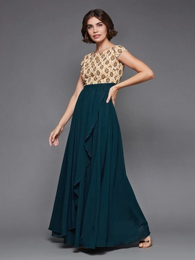 Women's Multicolored-Base-Teal Georgette Round Neck Cap Sleeve Floral Layered Maxi Dress Vibrant Edge