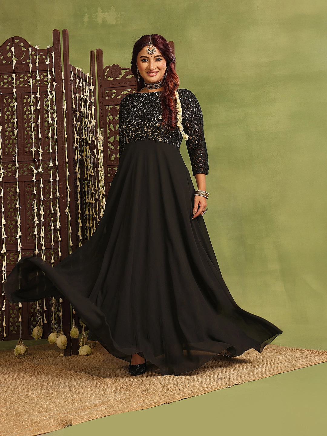 Women's Black Self-Design Boat Neck Three-Quarters Sleeves Side-Pocketed  Georgette Fit and Flare Maxi Length Dress Casual and Stylish Light Attitude