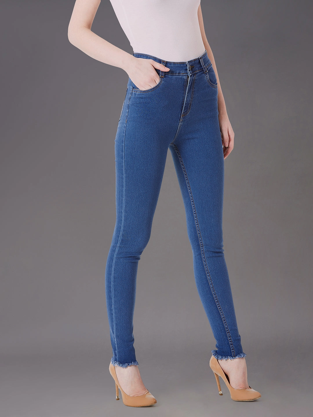 Flexible Waist Women's Blue Skinny High-Rise Cropped-Length Fringe Detailing Stretchable Denim Jeans
