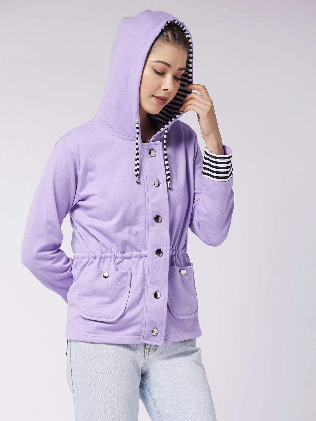 Women's Multicolored-Base-Lavender Hooded Full Sleeve Solid Waist Tie-Up Regular Jacket Relaxed City Style