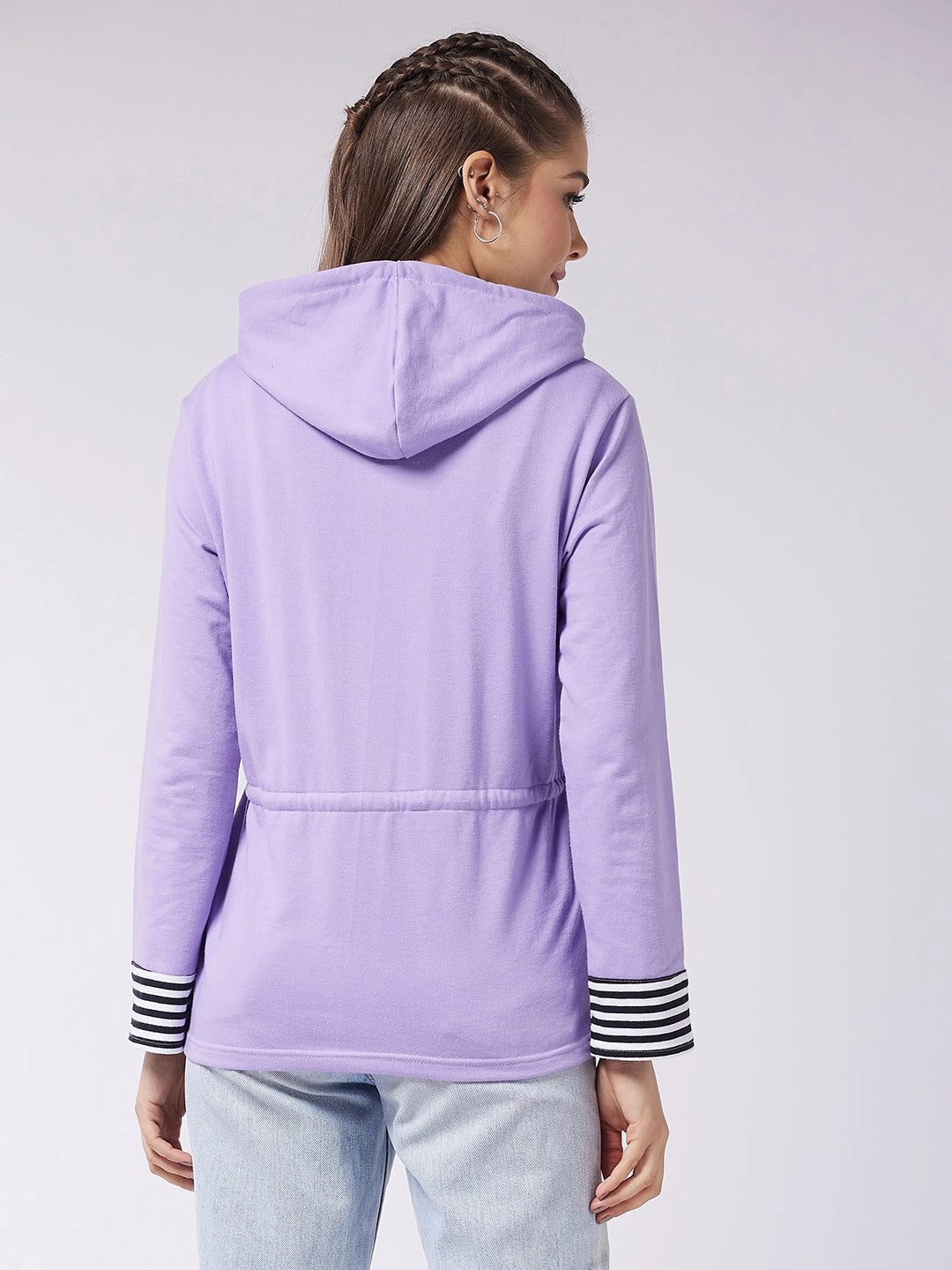 MoistureWicking Technology Hidden Storage Compartments Women's Multicolored-Base-Lavender Hooded Full Sleeve Solid Waist Tie-Up Regular Jacket