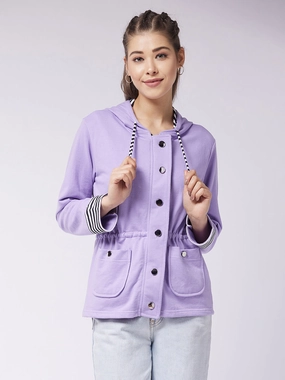 Women's Multicolored-Base-Lavender Hooded Full Sleeve Solid Waist Tie-Up Regular Jacket Flex Fit Fabric