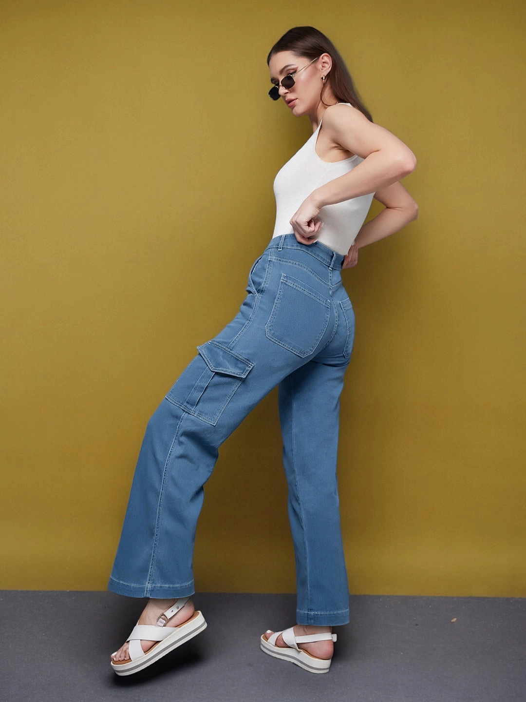 Sunny Vibes Office Wear All-Purpose Use 24/7 Comfort Blue Wide-Leg Cargo High-Rise Stretchable Denim Jeans