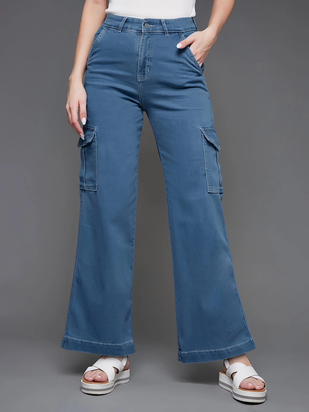 24/7 Comfort Blue Wide-Leg Cargo High-Rise Stretchable Denim Jeans Classic Fit Design