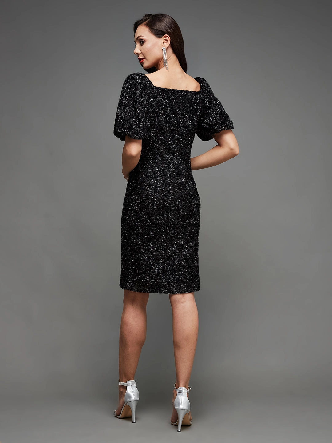 Evening Tone Vacation Vibes Women's Black Square Neck Half Sleeve Self Design Bodycon Mini Polyester Dress