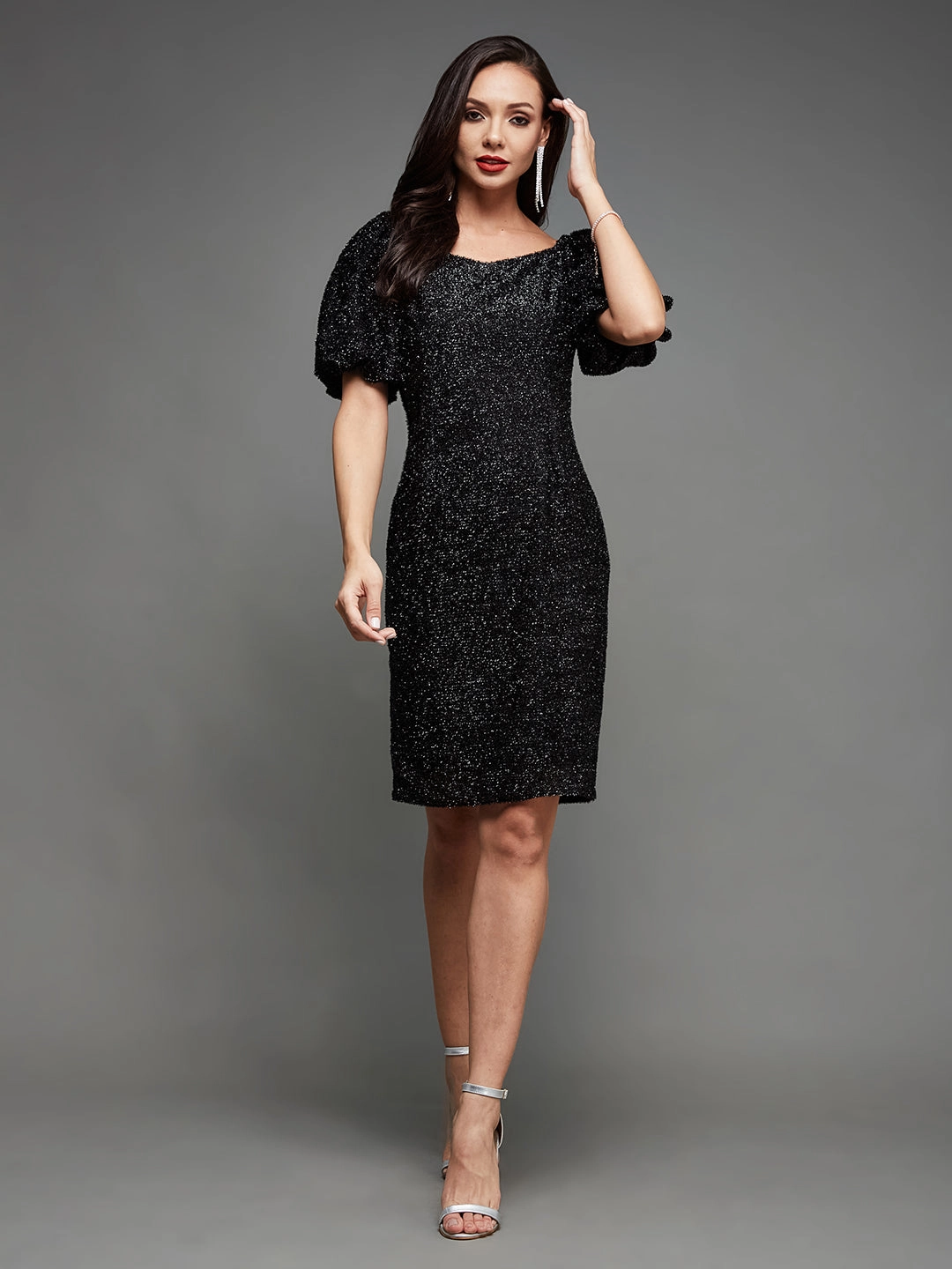 Flow Line Blush Glow Women's Black Square Neck Half Sleeve Self Design Bodycon Mini Polyester Dress