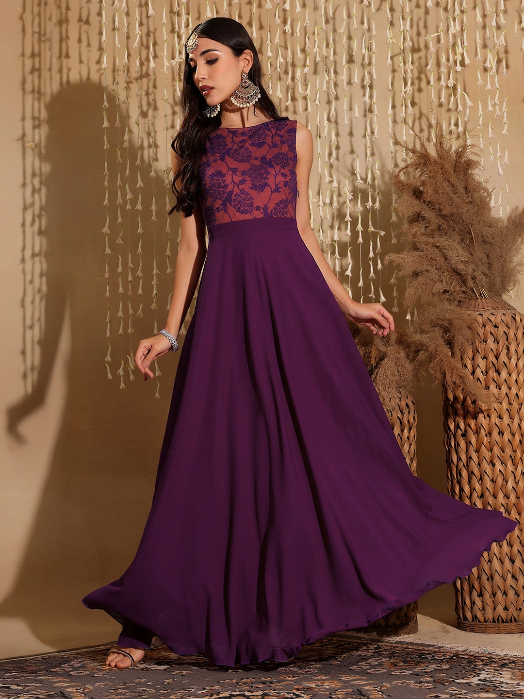 Women's Dark Purple Round Neck Sleeveless Georgette & Lace Floral Fit & Flare Maxi Dress Layered Volume Soft Cut