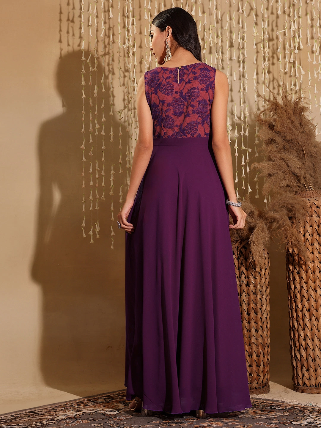 Women's Dark Purple Round Neck Sleeveless Georgette & Lace Floral Fit & Flare Maxi Dress Smooth Line Understated Glam