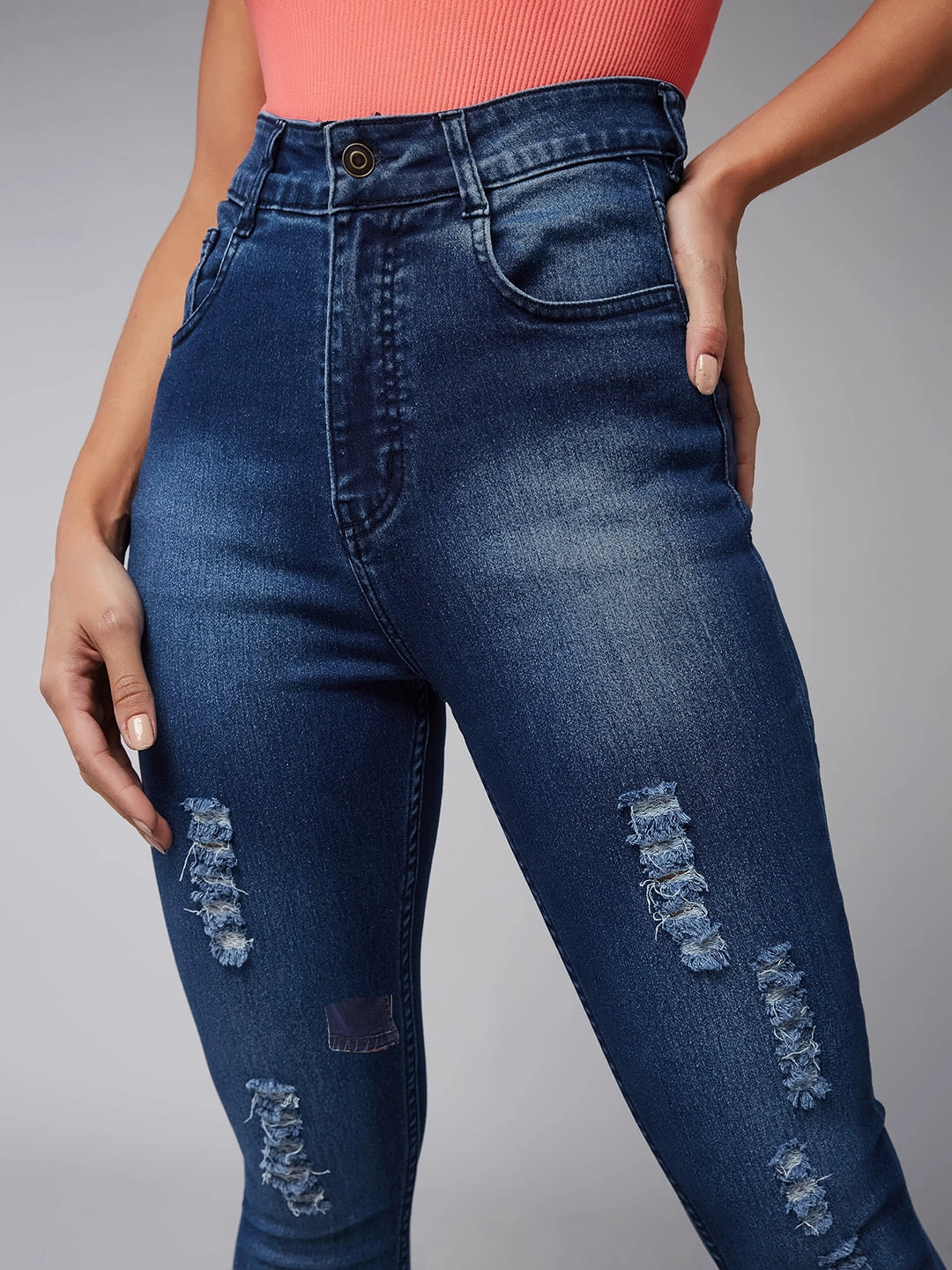 CHASEstretch? Women's Blue Skinny-Fit Mid-Rise Midly-Distressed Ripped Denim Jeans Premium Outdoor Enthusiast