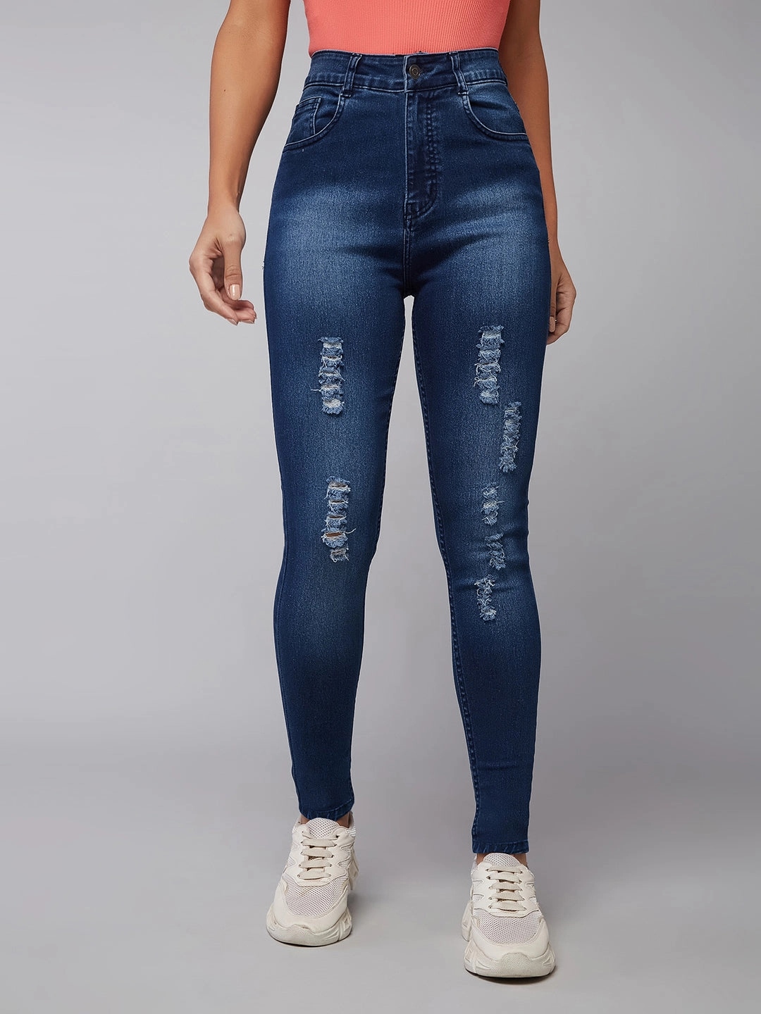 CHASEstretch? Women's Blue Skinny-Fit Mid-Rise Midly-Distressed Ripped Denim Jeans Cool And Simple
