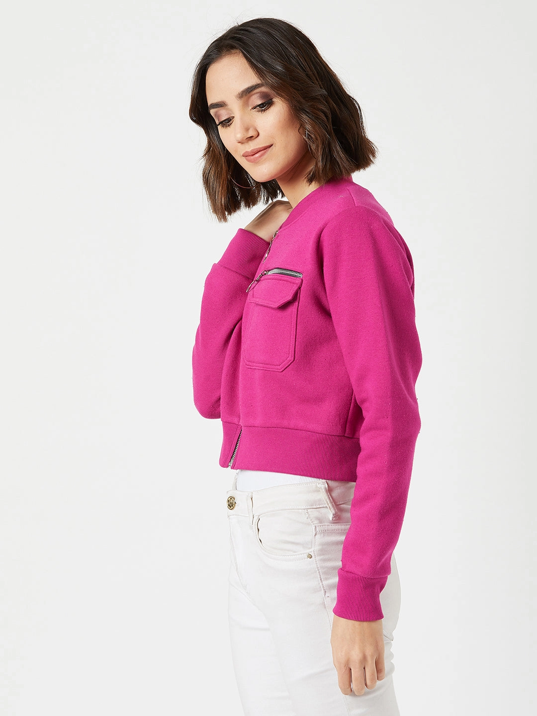 Women's Pink Stand Collar Full Sleeves Cotton Boxy/Bomber Cropped Jacket Layered Wind Barrier Flexible Layer Fit