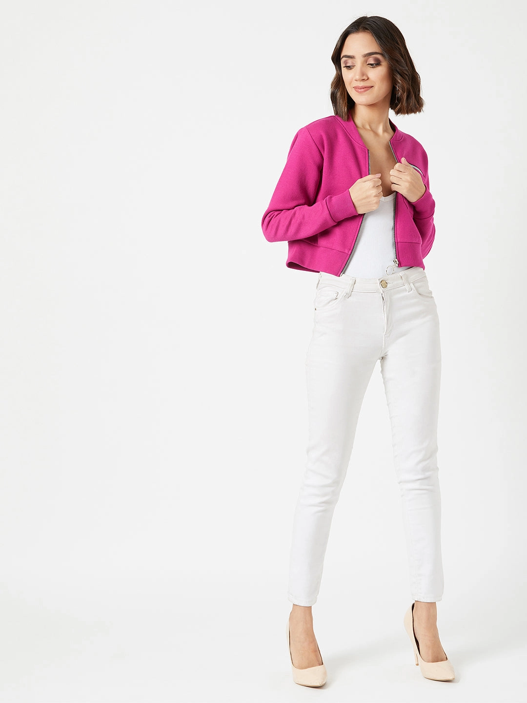 Women's Pink Stand Collar Full Sleeves Cotton Boxy/Bomber Cropped Jacket Stretch Comfort Fit