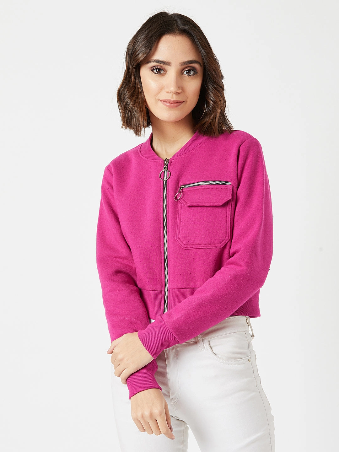 Lightweight Comfort Anti Pilling Textile Women's Pink Stand Collar Full Sleeves Cotton Boxy/Bomber Cropped Jacket