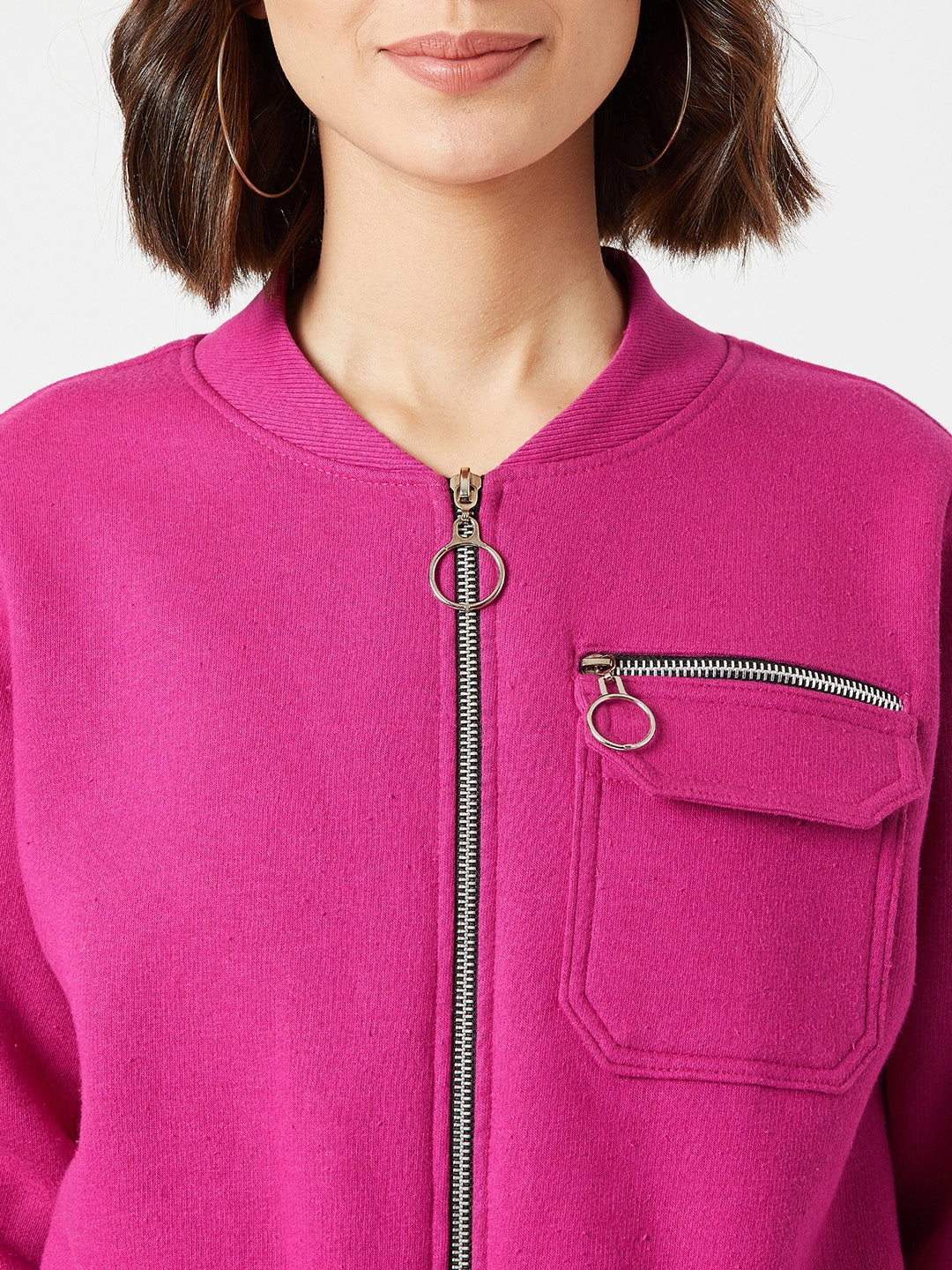 Weekend Casual Mesh Lining Women's Pink Stand Collar Full Sleeves Cotton Boxy/Bomber Cropped Jacket