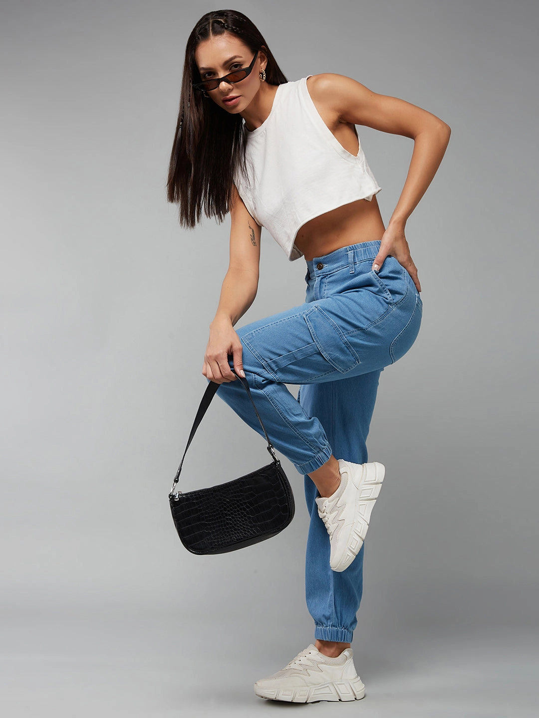 Women's Light Blue Regular High-Rise Clean-Look Light Weight Stretchable Denim Joggers Outdoor Activity Modern Cut