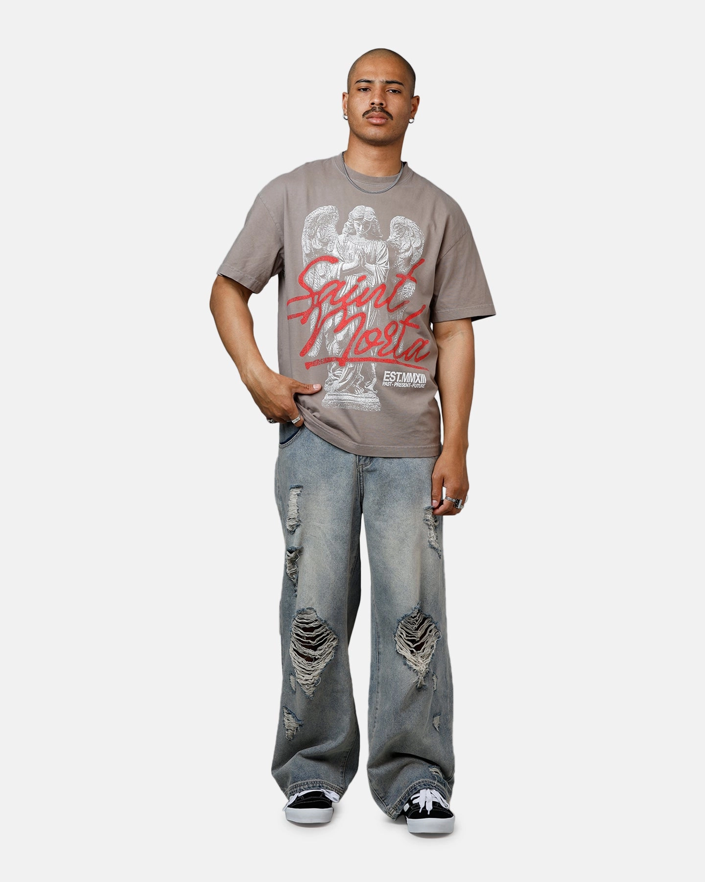 Odor Resistant Treatment Ribbed Collar Design Saint Morta Forever T-Shirt Vintage Khaki