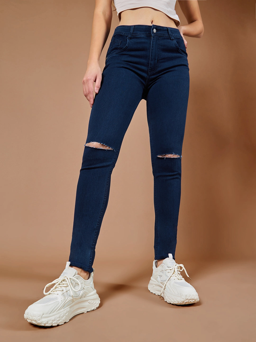 Shopping Day High Quality Weekend Style Edgy Design 24/7 Comfort Navy-Blue Skinny-Fit High-Rise Knee-Slit Stretchable Denim Jeans