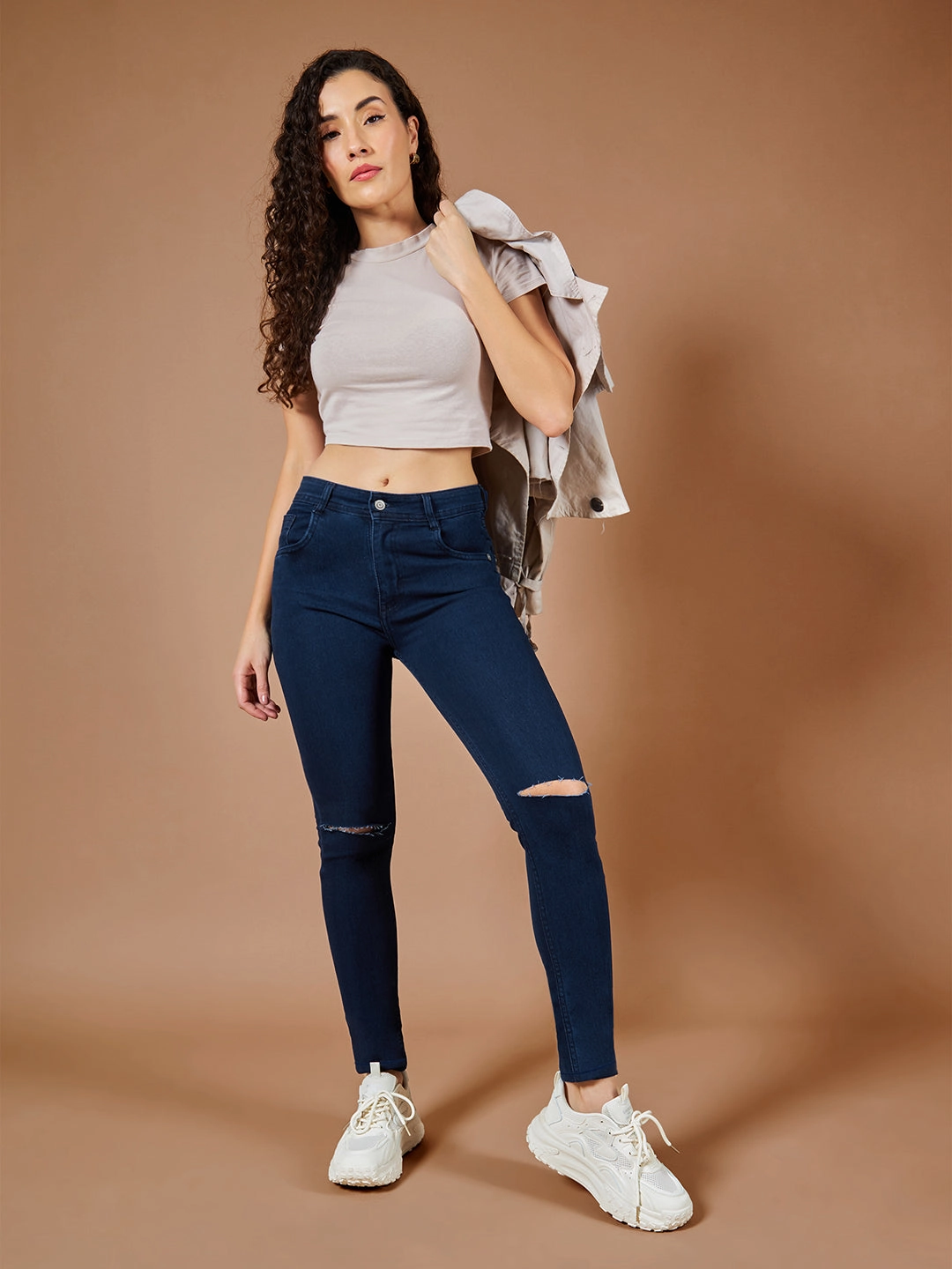 24/7 Comfort Navy-Blue Skinny-Fit High-Rise Knee-Slit Stretchable Denim Jeans Teen Outfit Bold Urban Explorer Utility Fit