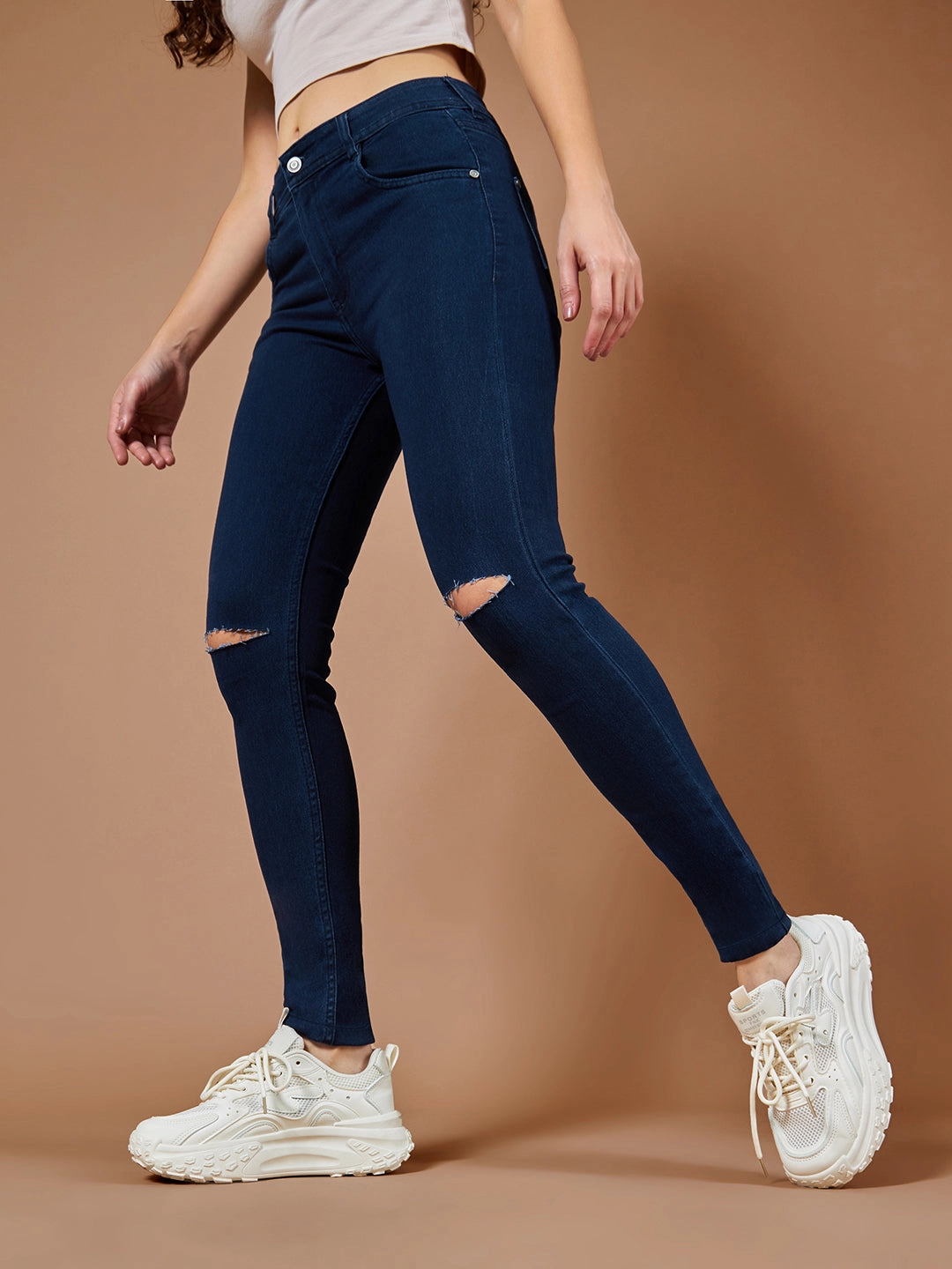 24/7 Comfort Navy-Blue Skinny-Fit High-Rise Knee-Slit Stretchable Denim Jeans Softened Denim Material
