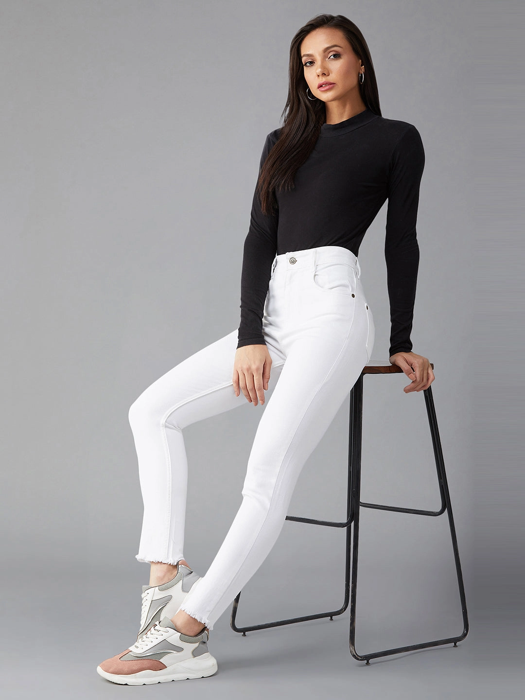 Women's White Skinny High-Rise Clean-Look Bleached Stretchable Denim Jeans Modern Cut Plain Comfort