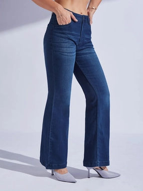 24/7 Comfort Navy Blue High-Rise Clean-Look Regular-Length Stretchable Bootcut Denim Jeans Reinforced Pockets