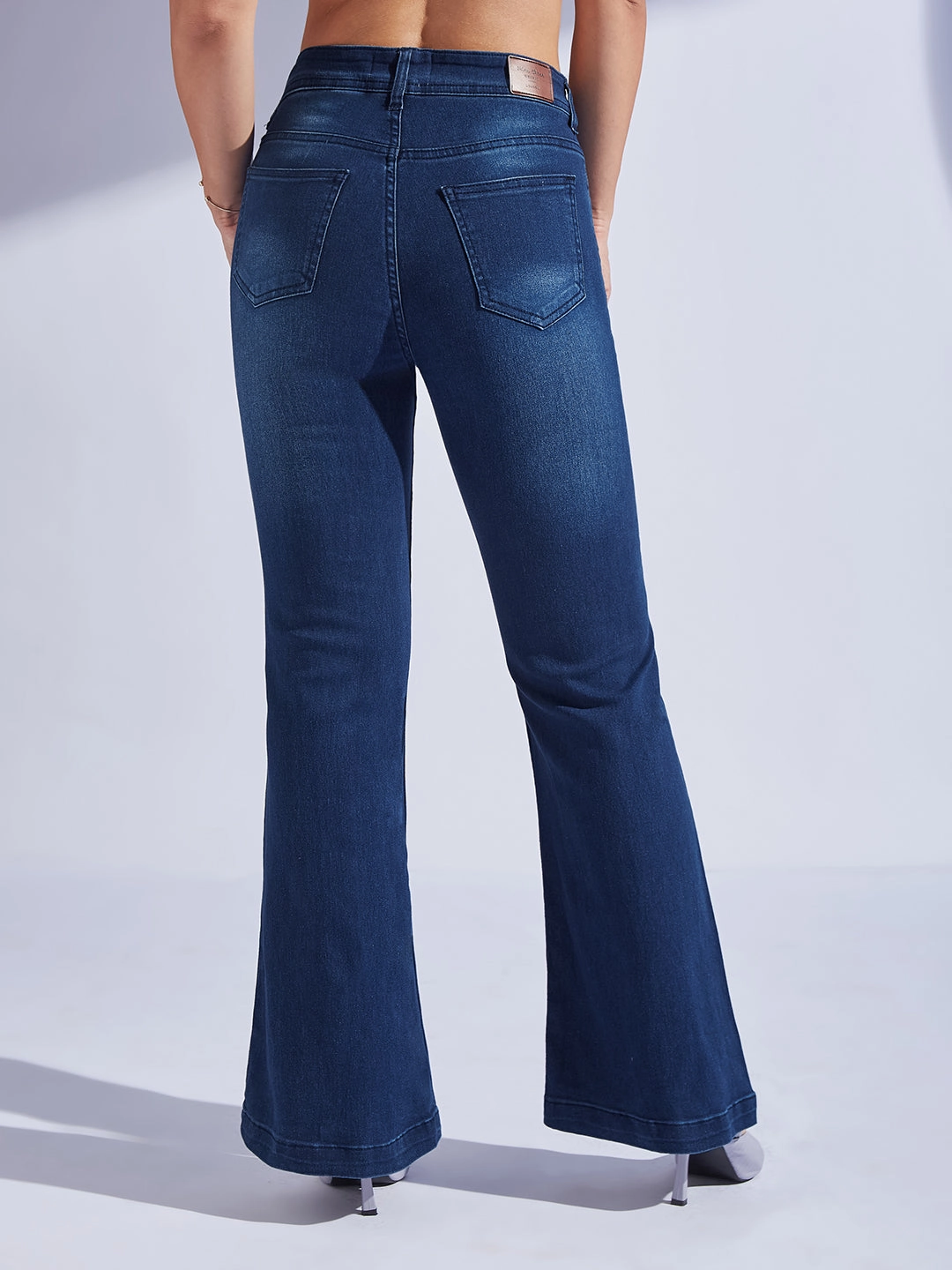 Permanent Crease Retention 24/7 Comfort Navy Blue High-Rise Clean-Look Regular-Length Stretchable Bootcut Denim Jeans