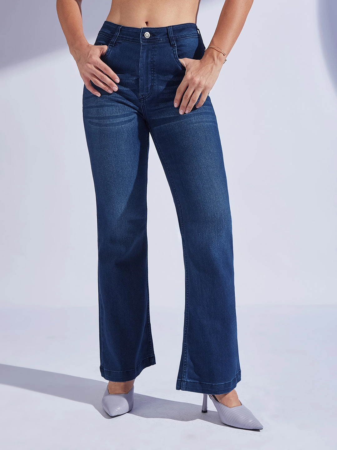 24/7 Comfort Navy Blue High-Rise Clean-Look Regular-Length Stretchable Bootcut Denim Jeans Fit And Easy