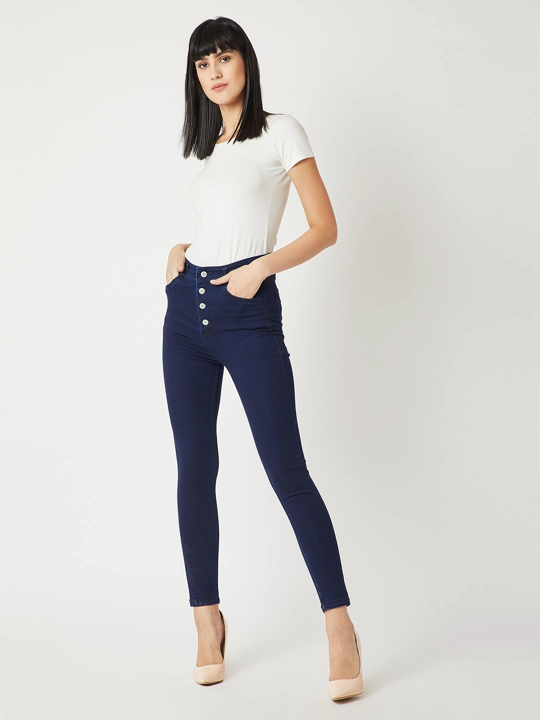 24/7 Comfort Navy-Blue Skinny-Fit High-Rise Stretchable Denim Jeans Adjustable Belt Loops Family Style Gym Ready Daily Wear