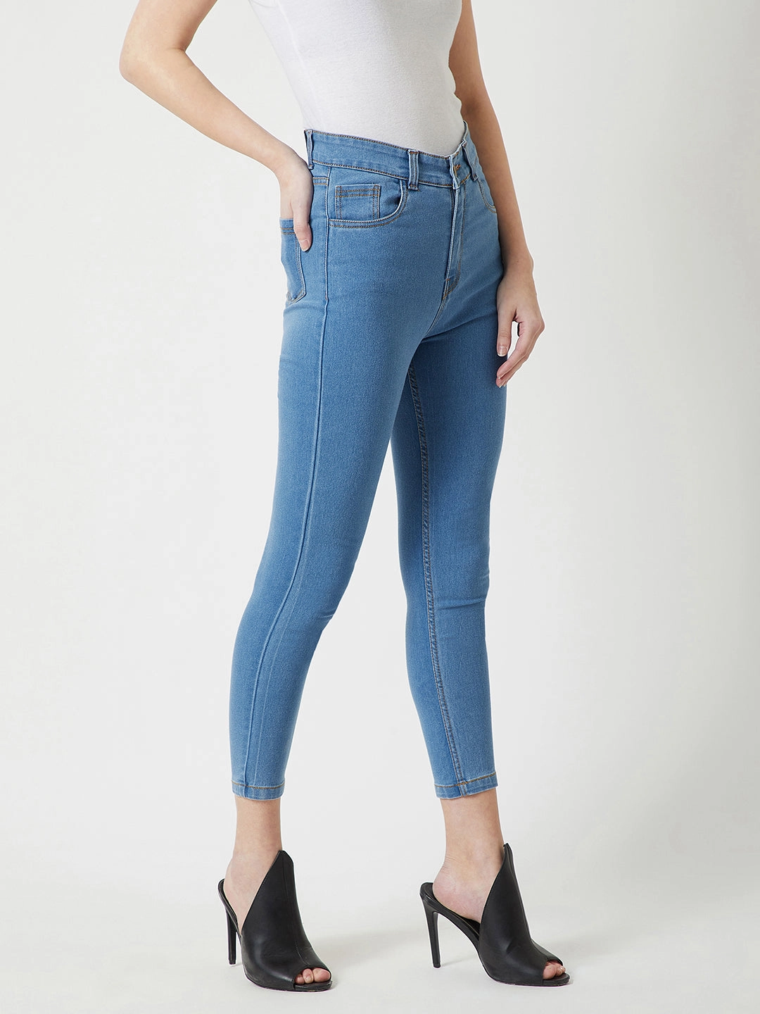 Functional Style Simple Touch 24/7 Comfort Blue Solid Skinny High-Rise Cropped Stretchable Denim Jeans