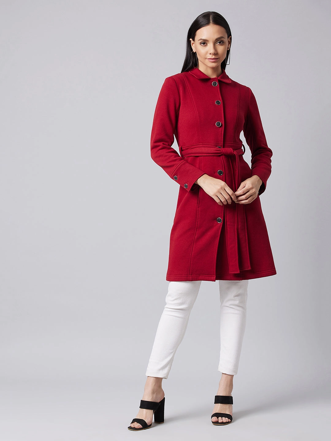 Women's Maroon Collared Full Sleeve Solid Tie-up Longline Jacket Heat Sealed Zippers Foldable Design