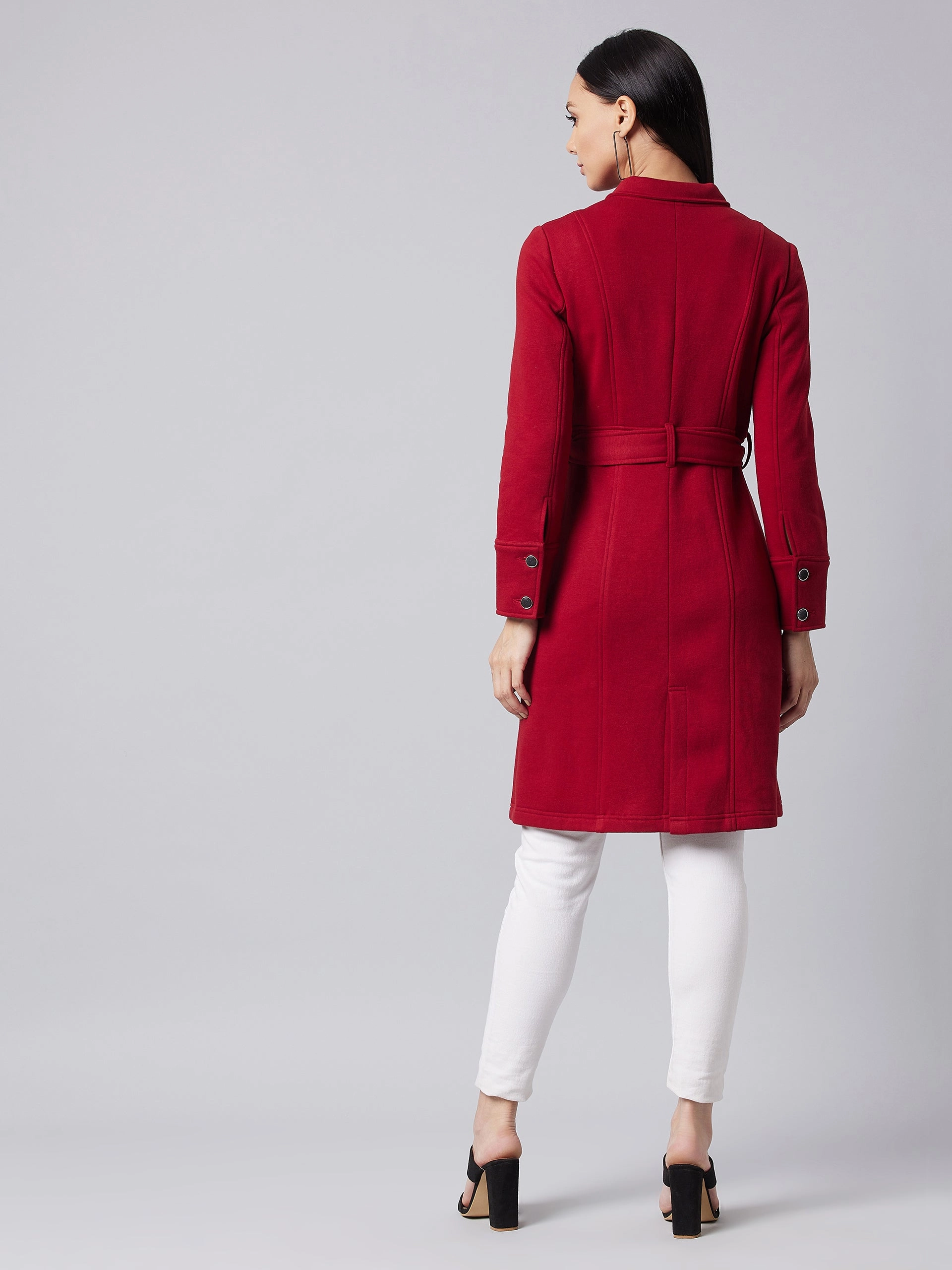 All Seasons Flexible Elasticity Women's Maroon Collared Full Sleeve Solid Tie-up Longline Jacket