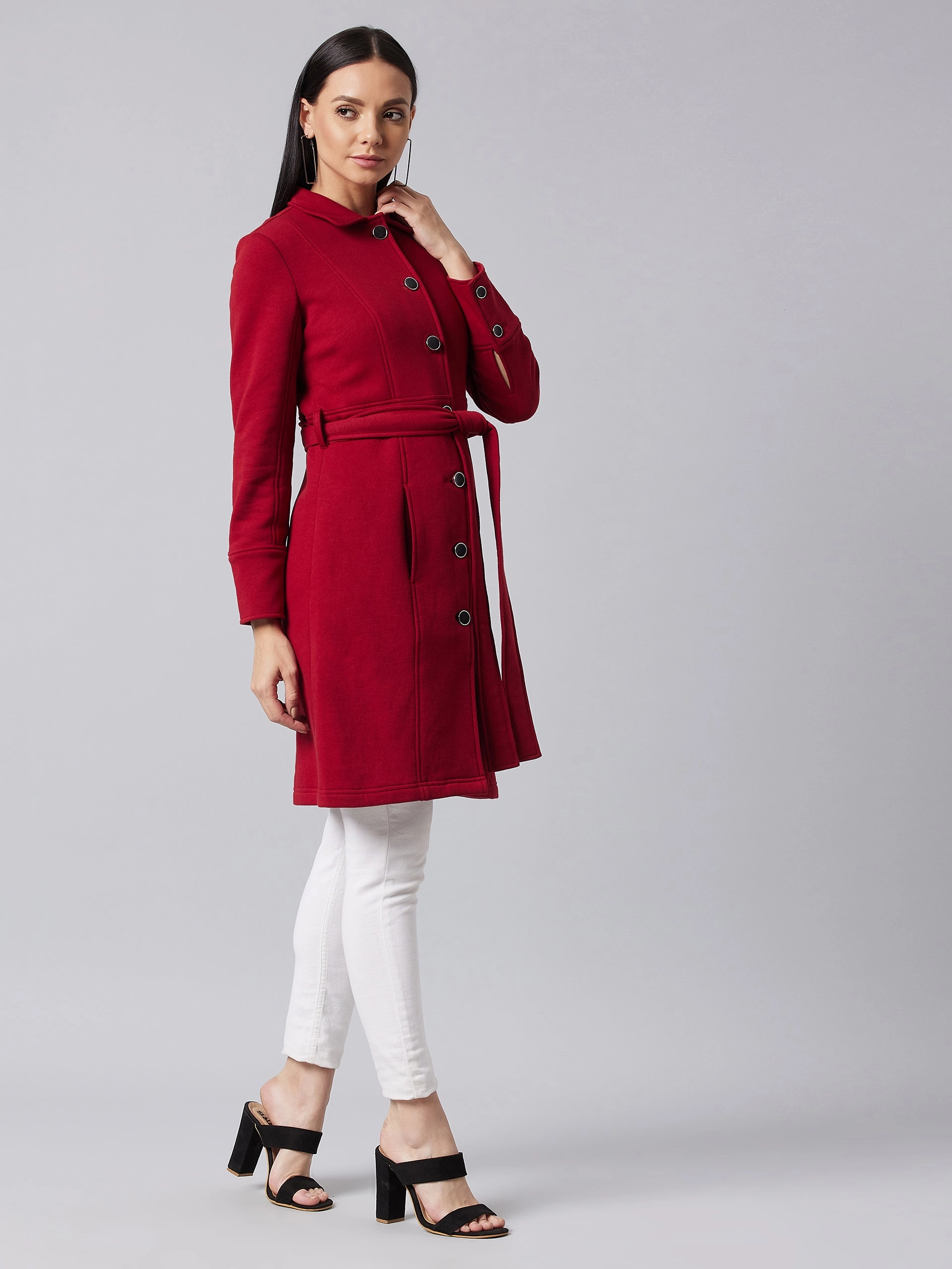 Double Layered Collar Women's Maroon Collared Full Sleeve Solid Tie-up Longline Jacket