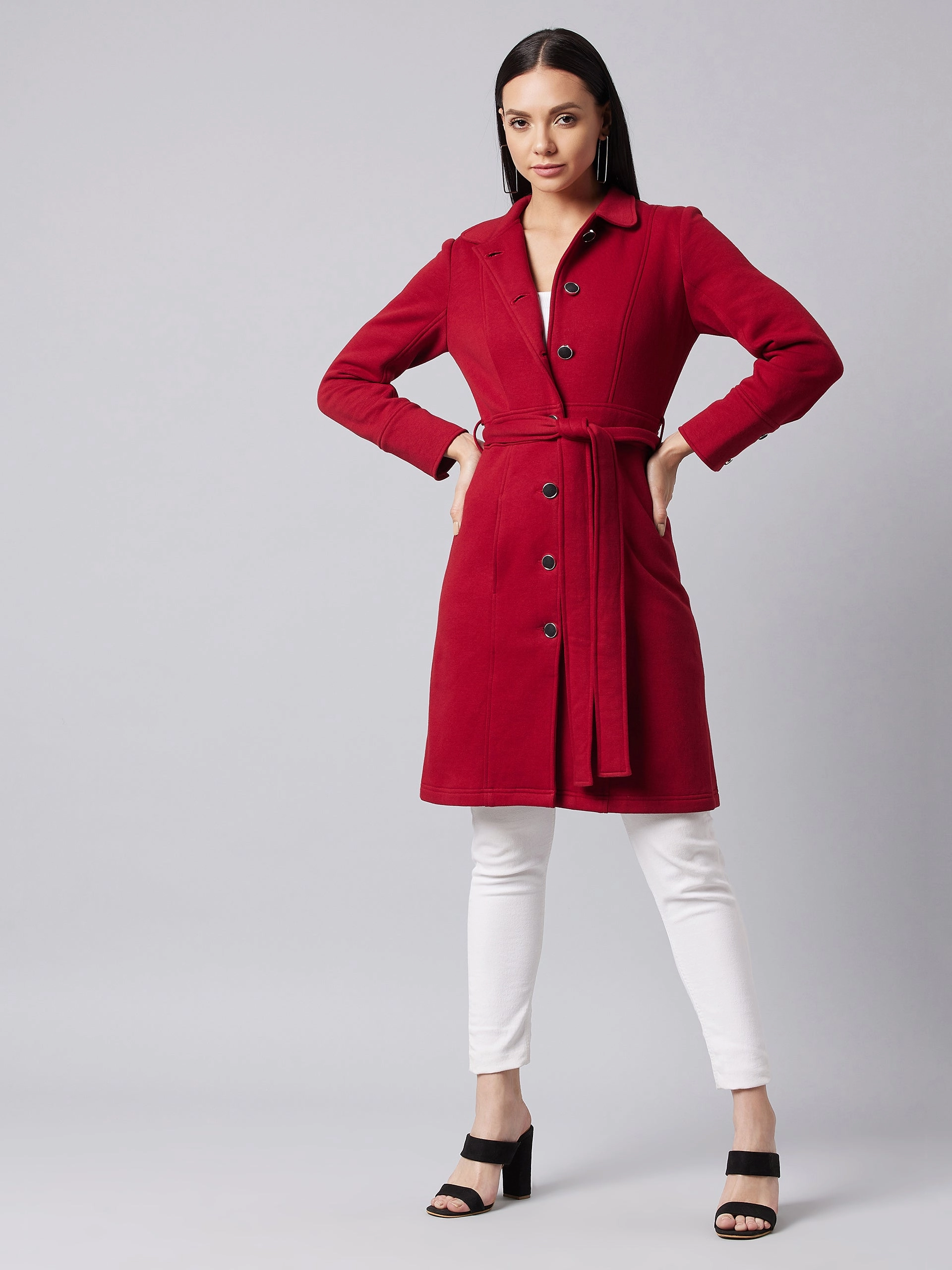 Anti Glare Trim Refined Style Women's Maroon Collared Full Sleeve Solid Tie-up Longline Jacket