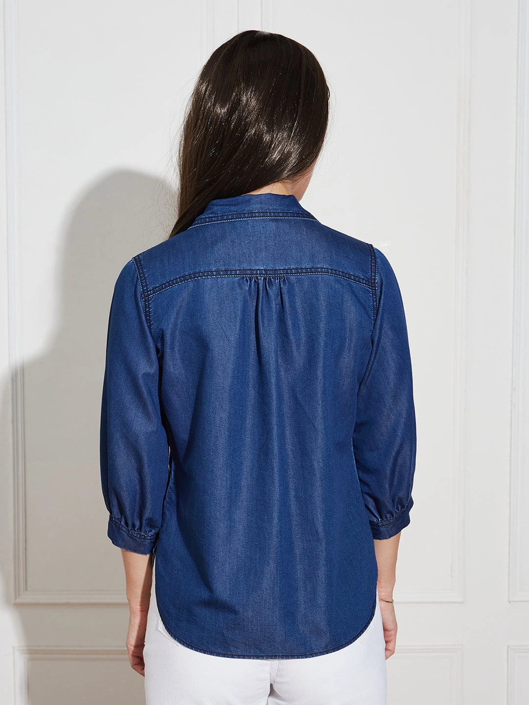Women's Dark Blue Collar-Neck Puff-Sleeve Solid-Colored Light Weight Denim Tunic Top WrinkleResistantWeave