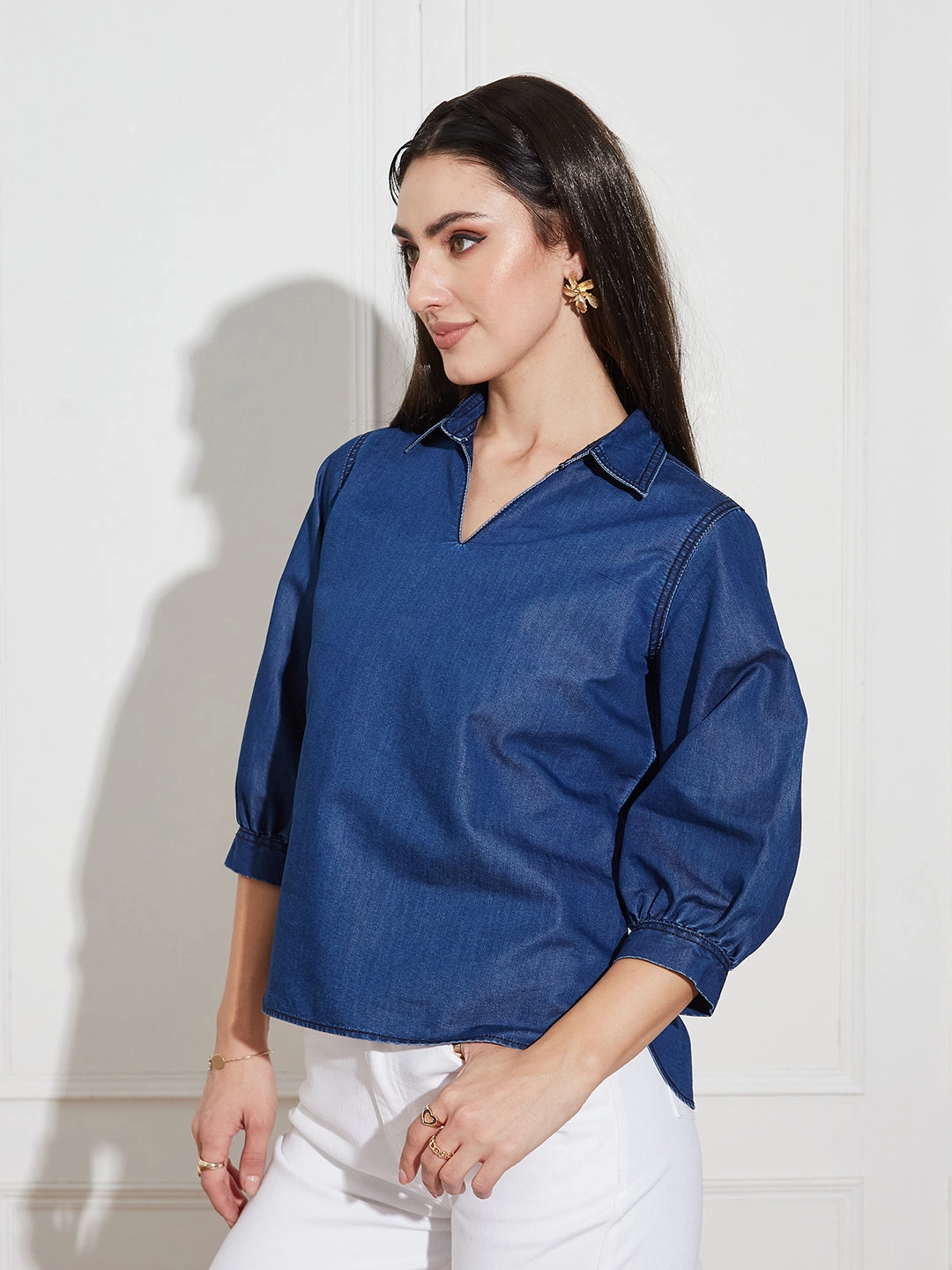 Women's Dark Blue Collar-Neck Puff-Sleeve Solid-Colored Light Weight Denim Tunic Top Stretch Material