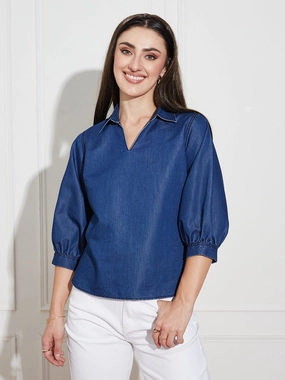 Women's Dark Blue Collar-Neck Puff-Sleeve Solid-Colored Light Weight Denim Tunic Top LoopwheelFabric ThermalInsulation