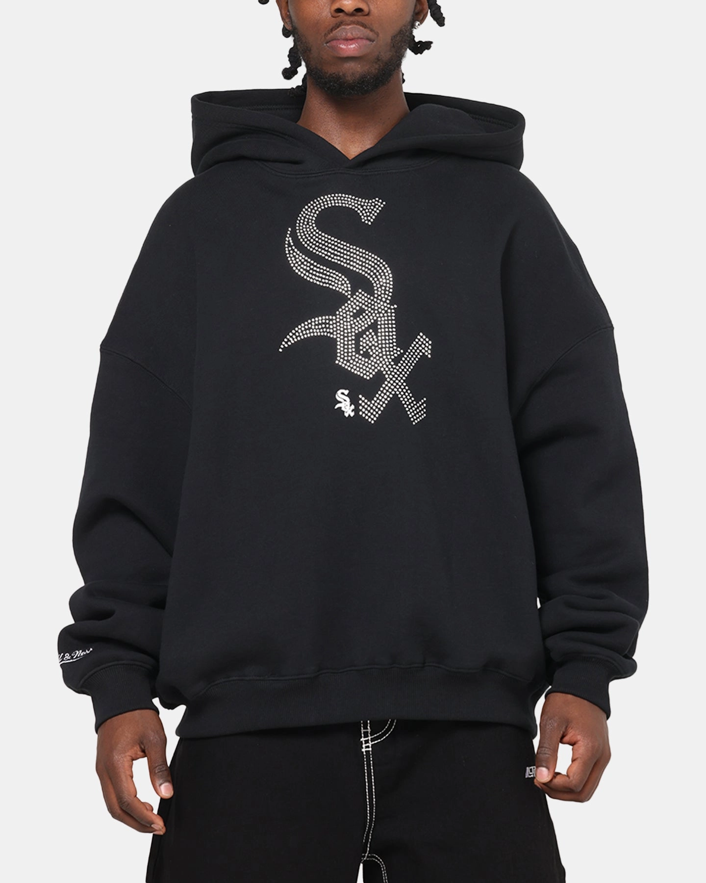 Low Profile Zipper DurableDoubleLayeredHem Mitchell & Ness Chicago White Sox Rhinestone Hoodie Faded Black