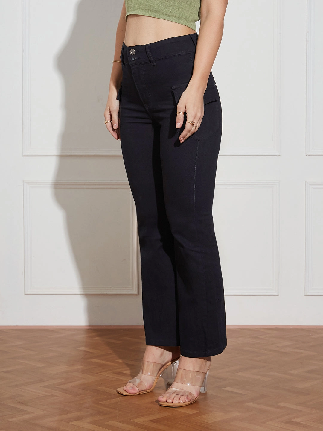 Women's Black Bootcut High Rise Clean Look Regular Length Stretchable Denim Jeans Basic Comfort