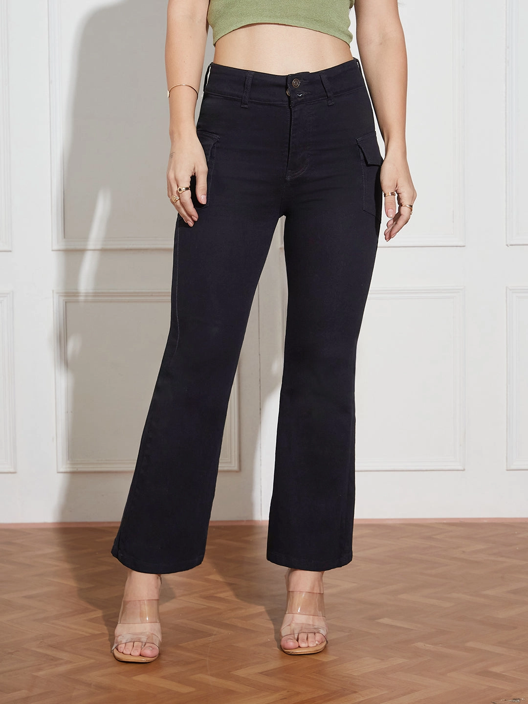 Women's Black Bootcut High Rise Clean Look Regular Length Stretchable Denim Jeans Travel Outfit Chill Outfit Date Night