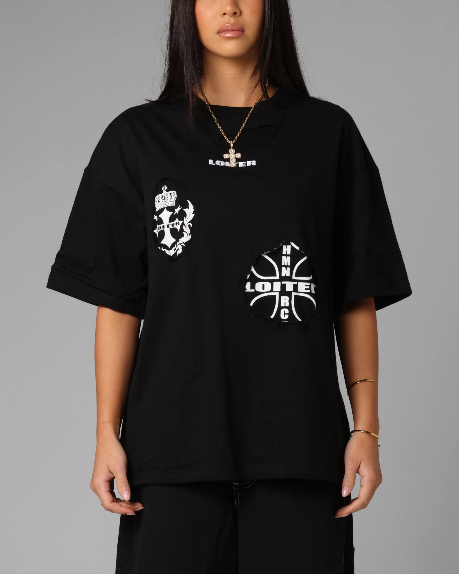 Loiter Destruction T-Shirt Black Wash Multi Panel Construction Sustainable Production Methods